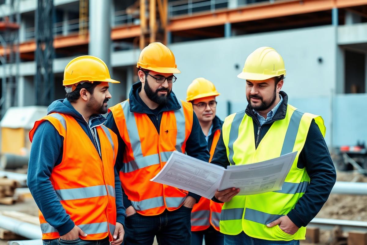 Engineers reviewing blueprints on site